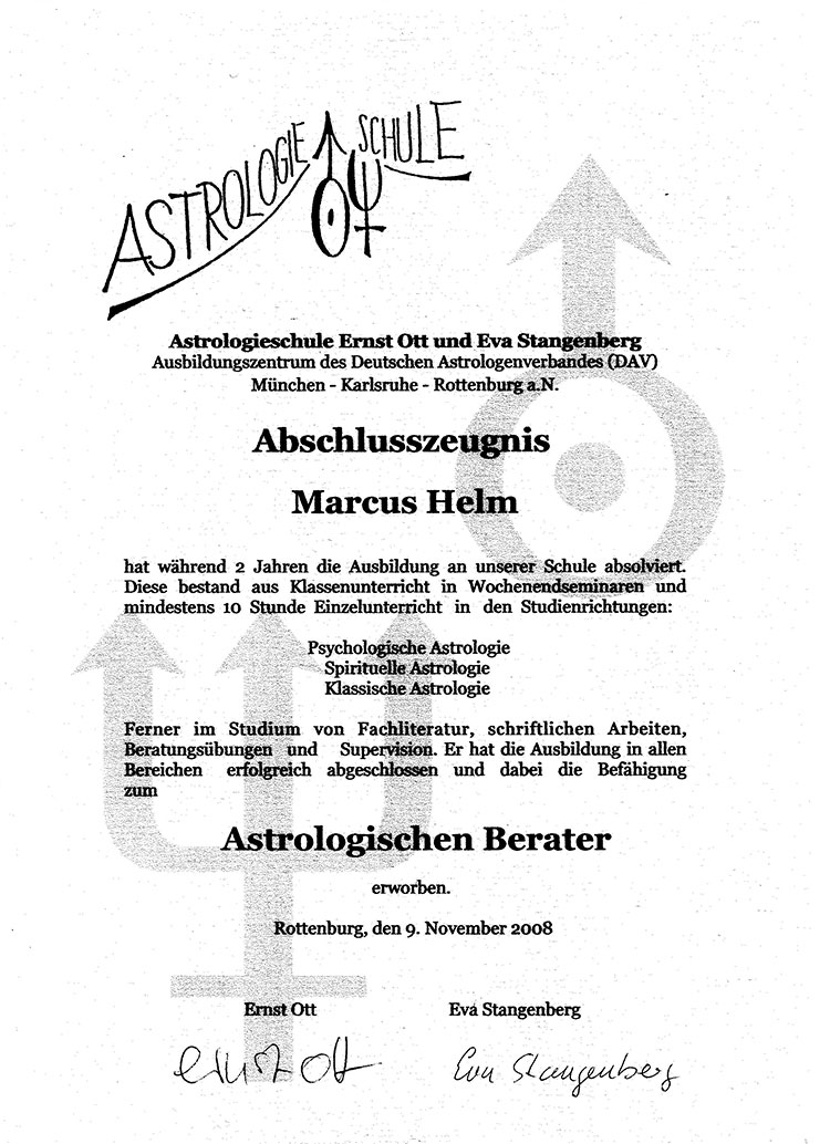 Zeugnis. Marcus Helm. Astrologischer Berater. 2008